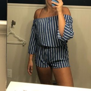 blue off the shoulder romper